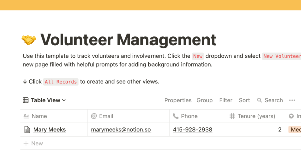Notion-created Volunteer Management Template