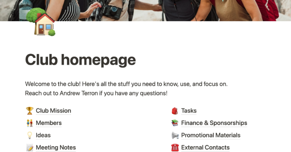 School Club Homepage template for Notion by Notion