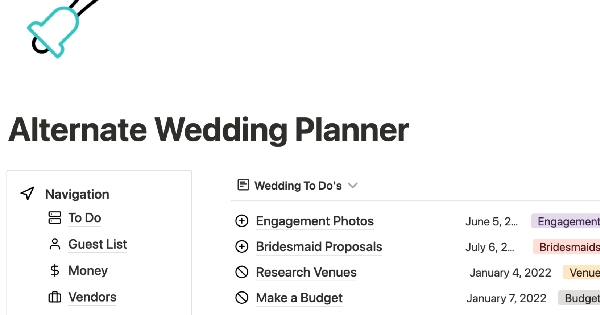 Alternate wedding planner