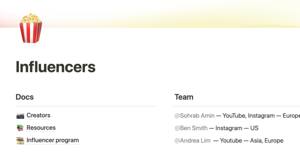 Notion influencers template by Notion