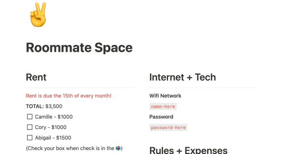 Notion template: Roommate space created by Notion