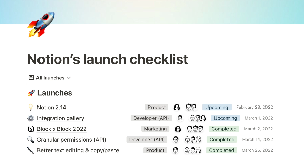 Notion's launch checklist template