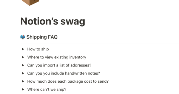 Free Notion swag template for managing and ordering promotional merchandise