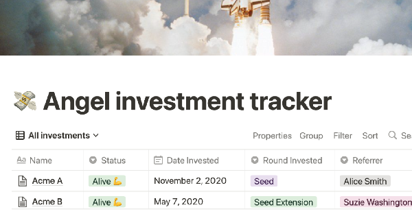 Angel investment tracker