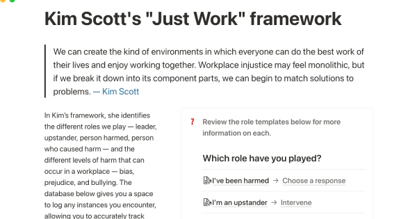 Just Work Framework Template by Kim Scott: Create a Culture of Radical Candor with Notion