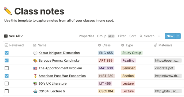 Notion's Class Notes template