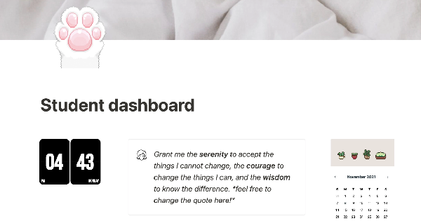 Free Student Dashboard Notion template by Janice Studios