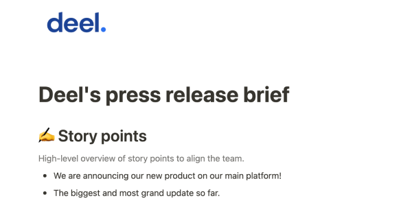 Deel's press release brief template by Deel
