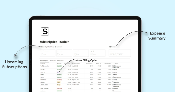 Subscription tracker by Tony David: Notion template