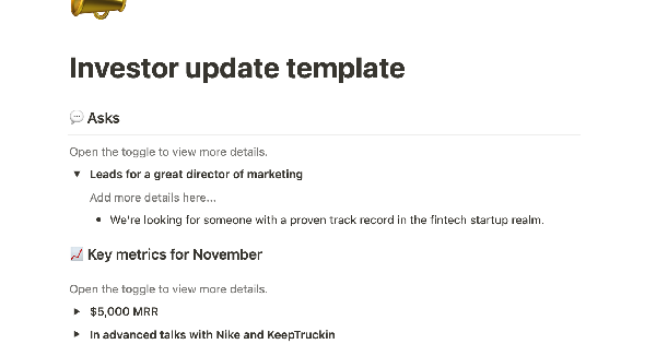 Notion's Investor Update Template: Keep Your Investors Informed