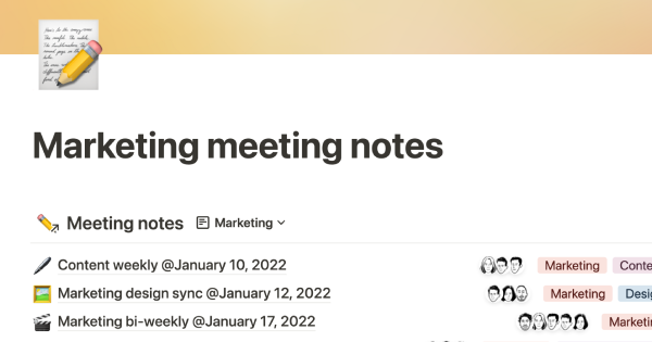 Notion-created Marketing Meeting Notes template for organizing ideas