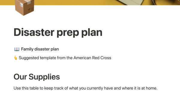 Disaster Prep Plan Template: Created by Notion