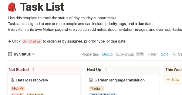 Support task list