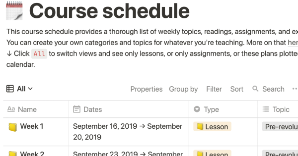Free Course Schedule template for Notion - created by Notion