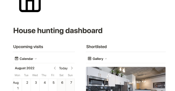 House hunting dashboard: Free Notion template from Notionium